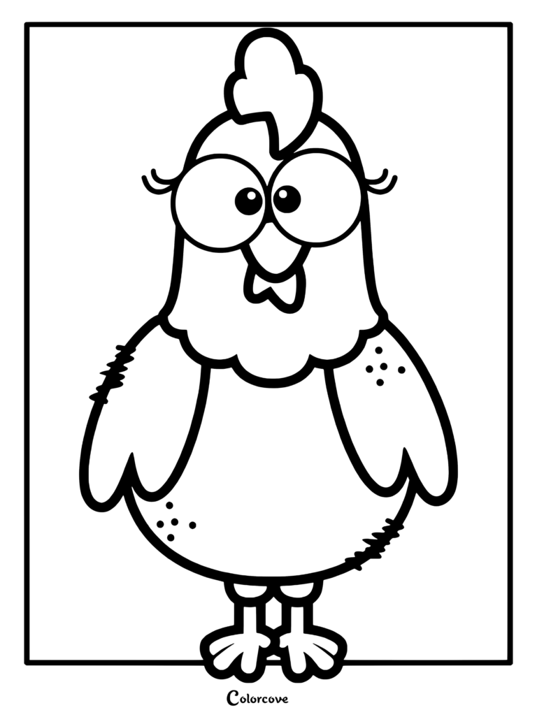 Preschool chicken coloring page featuring a cute cartoon hen with big eyes and eyelashes