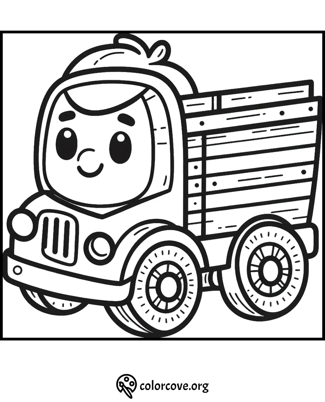 Cute truck coloring page for kids with a smiling face and adorable features, perfect for creative fun and art projects.