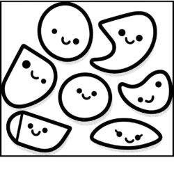 Cute geometric shapes coloring page with smiling faces. Fun, kid-friendly printable activity from colorcove.org.