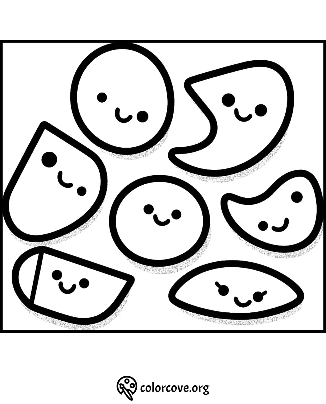 Cute geometric shapes coloring page with smiling faces. Fun, kid-friendly printable activity from colorcove.org.