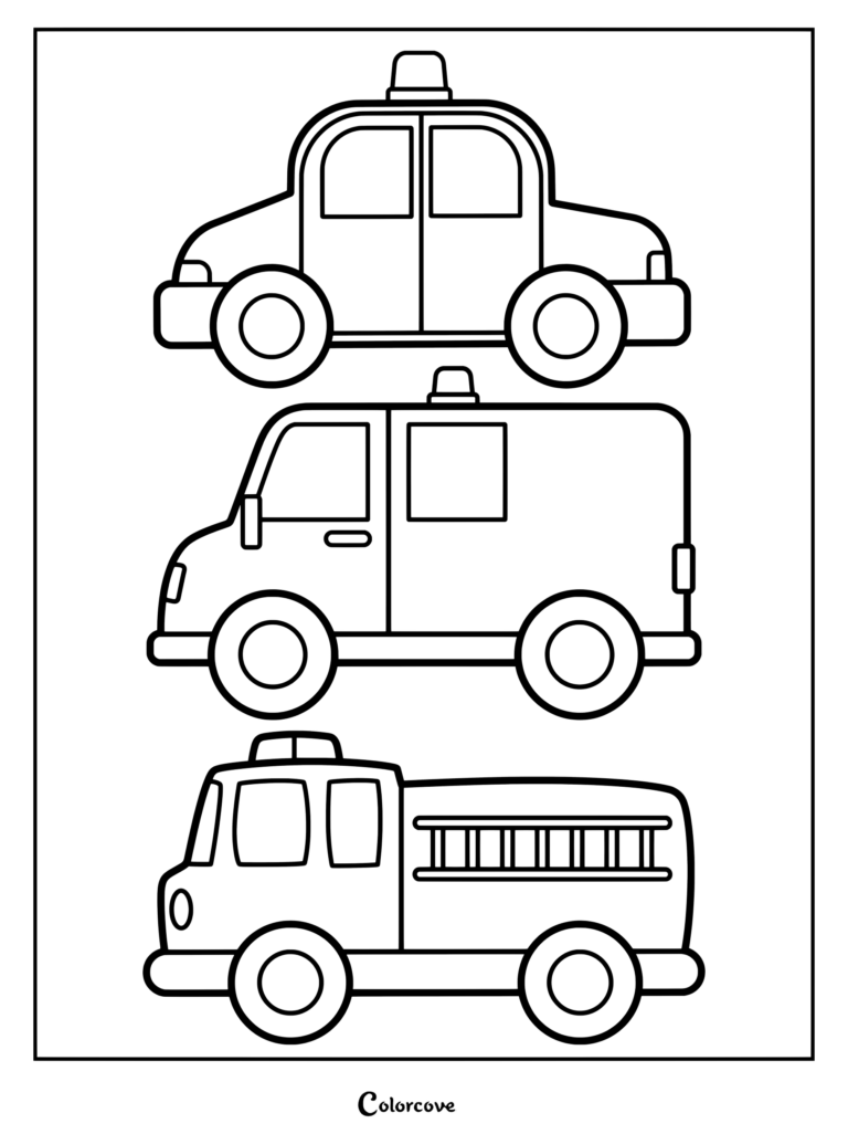 Preschool coloring page featuring a police car, ambulance, and fire truck stacked vertically