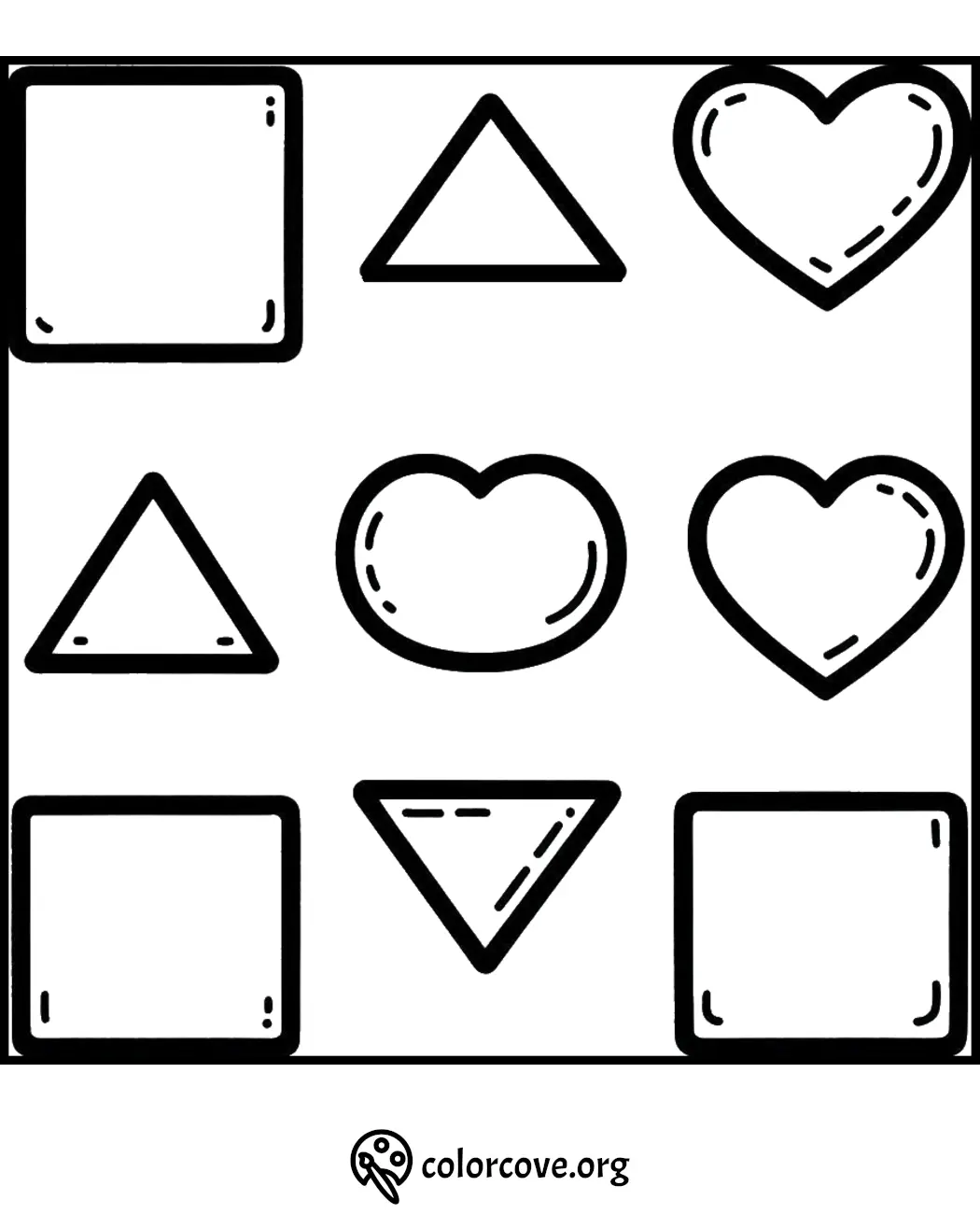 Coloring page featuring a grid of shapes including squares, triangles, and hearts for kids to color. Visit colorcove.org for more.