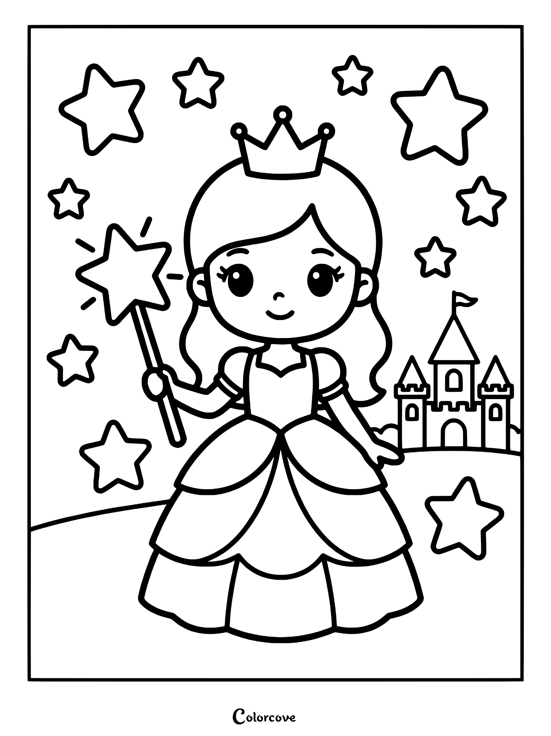 A cute princess holding a star wand in front of a castle, featured in this printable coloring page.