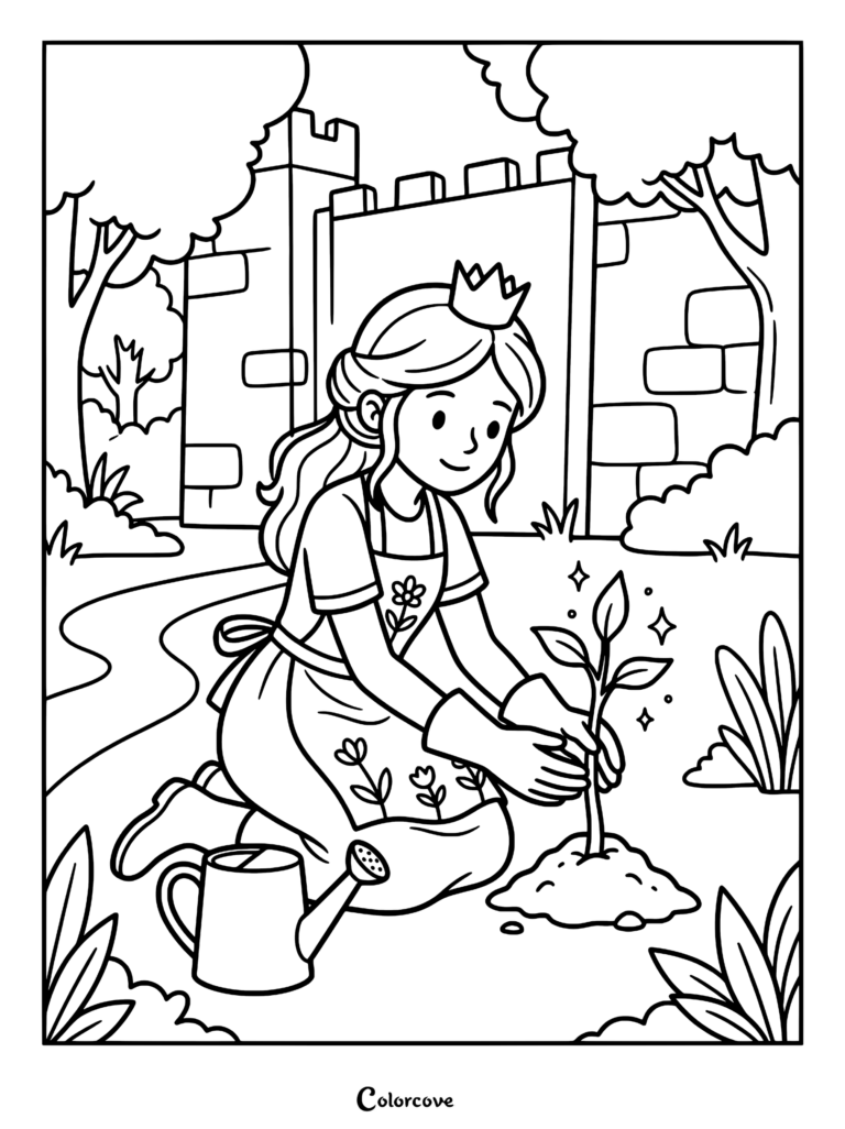 A princess wearing a floral apron and crown kneeling in a garden to plant a sapling in front of a stone castle, printable coloring page.