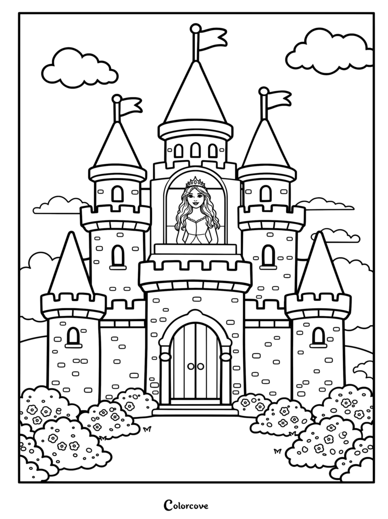 A princess with long wavy hair and a crown standing in the balcony of a large stone castle with five towers and flower bushes, coloring page.