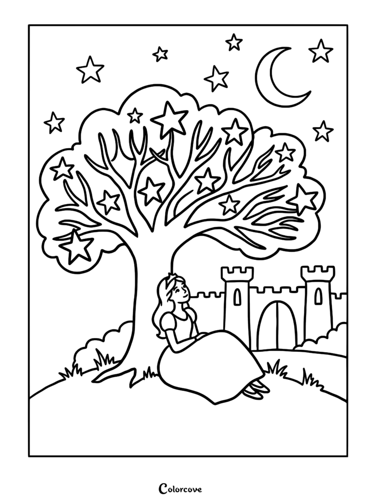 A princess sitting under a tree filled with stars near a castle at night in this printable coloring page.