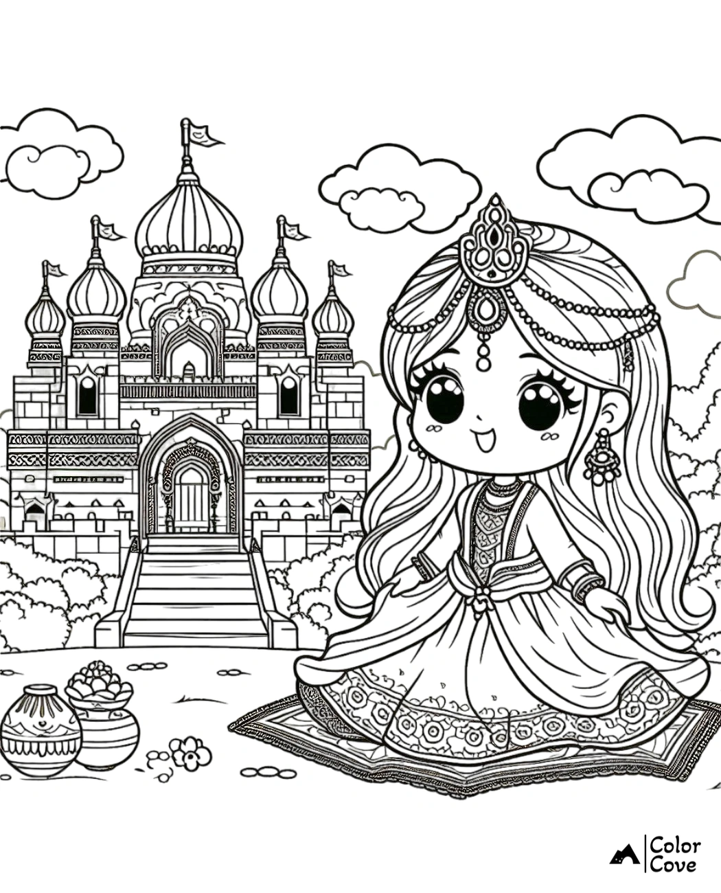 a cartoon of a girl in front of a castle