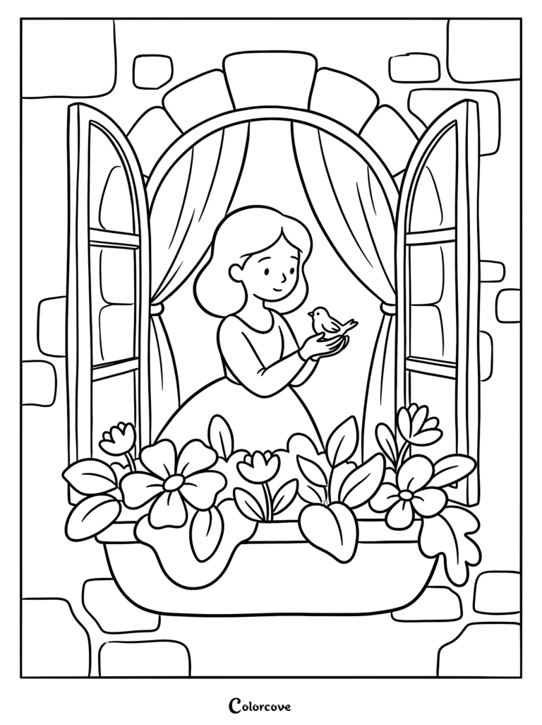 Princess holding a small bird in her hands at a stone castle window with a flower box, printable coloring page.