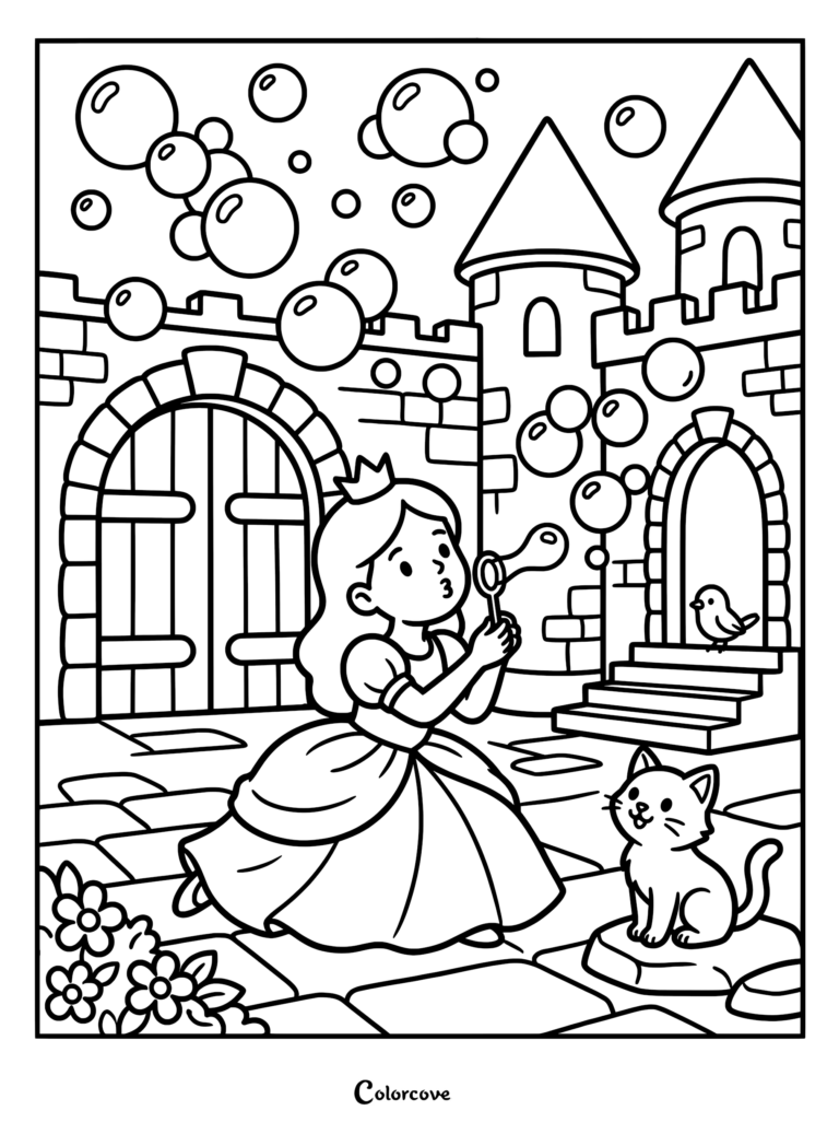 A princess in a gown blowing bubbles in front of a stone castle with a cat and bird as a printable coloring page.