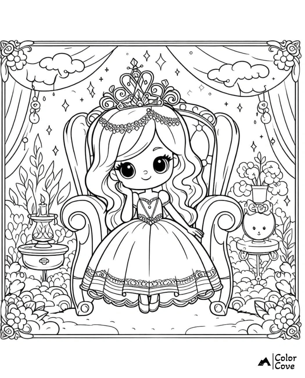 a coloring page of a cartoon girl sitting in a chair