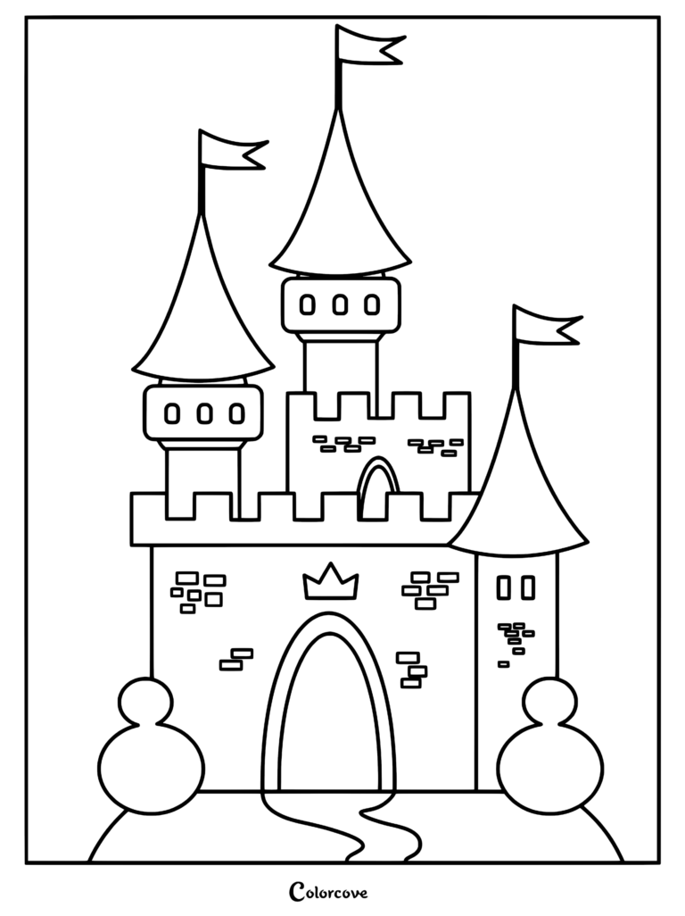 A simple princess castle coloring page featuring three towers with flags, a central arched doorway with a crown emblem, and two rounded bushes in the foreground.