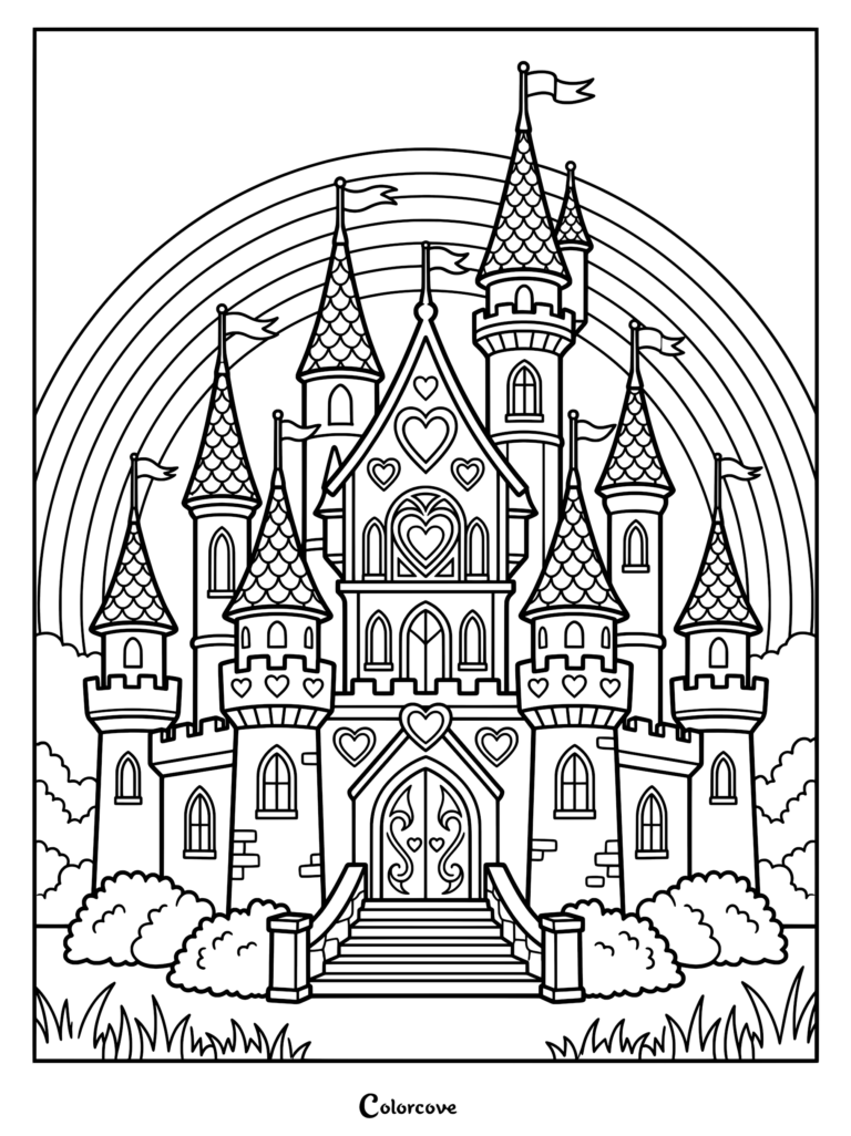 A detailed princess castle coloring page featuring heart-shaped windows, multiple turrets with flags, and a large rainbow arching over the structure.