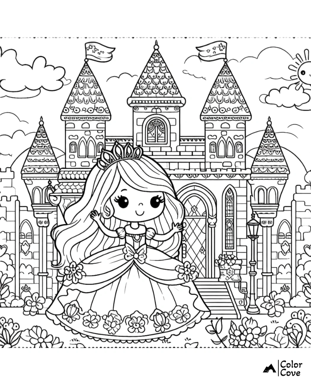 a coloring page of a cartoon princess