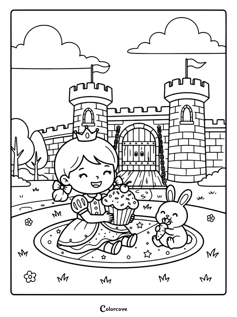 A cute princess holding a cupcake and a bunny eating a carrot on a picnic blanket in front of a princess castle coloring page.