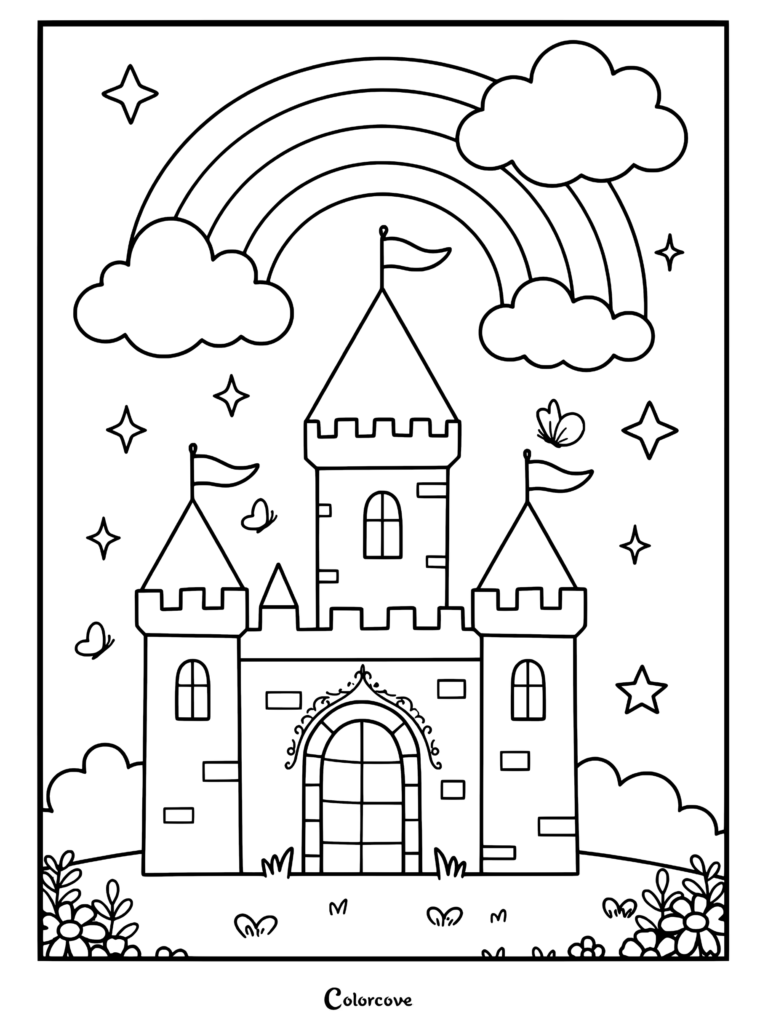 Princess castle coloring page featuring a central tower, two side turrets, a rainbow, clouds, stars, and butterflies.