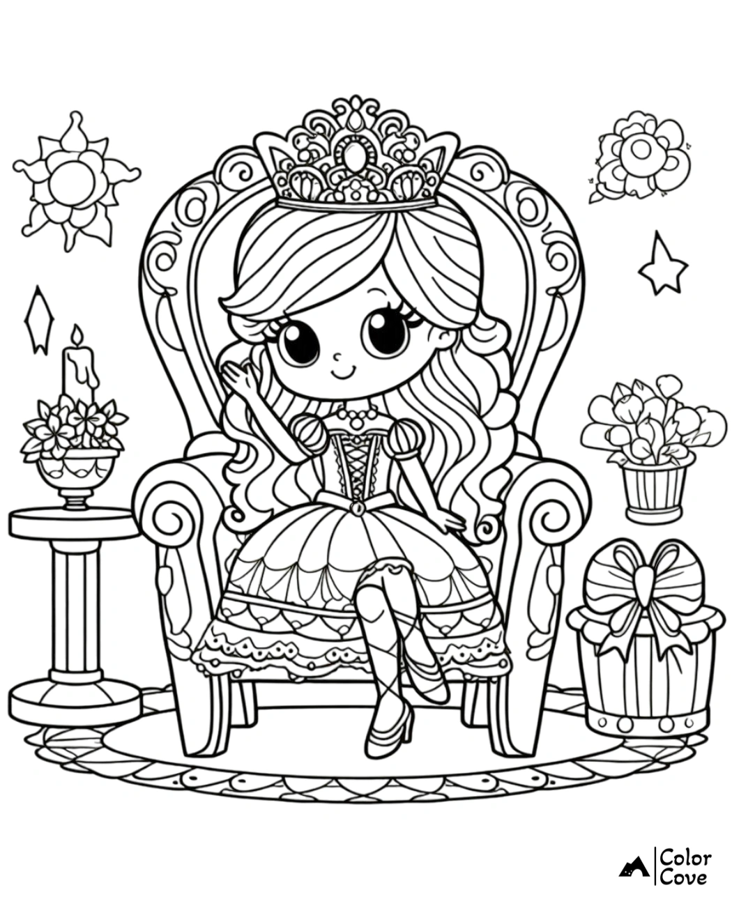 a coloring page of a cartoon princess sitting on a chair