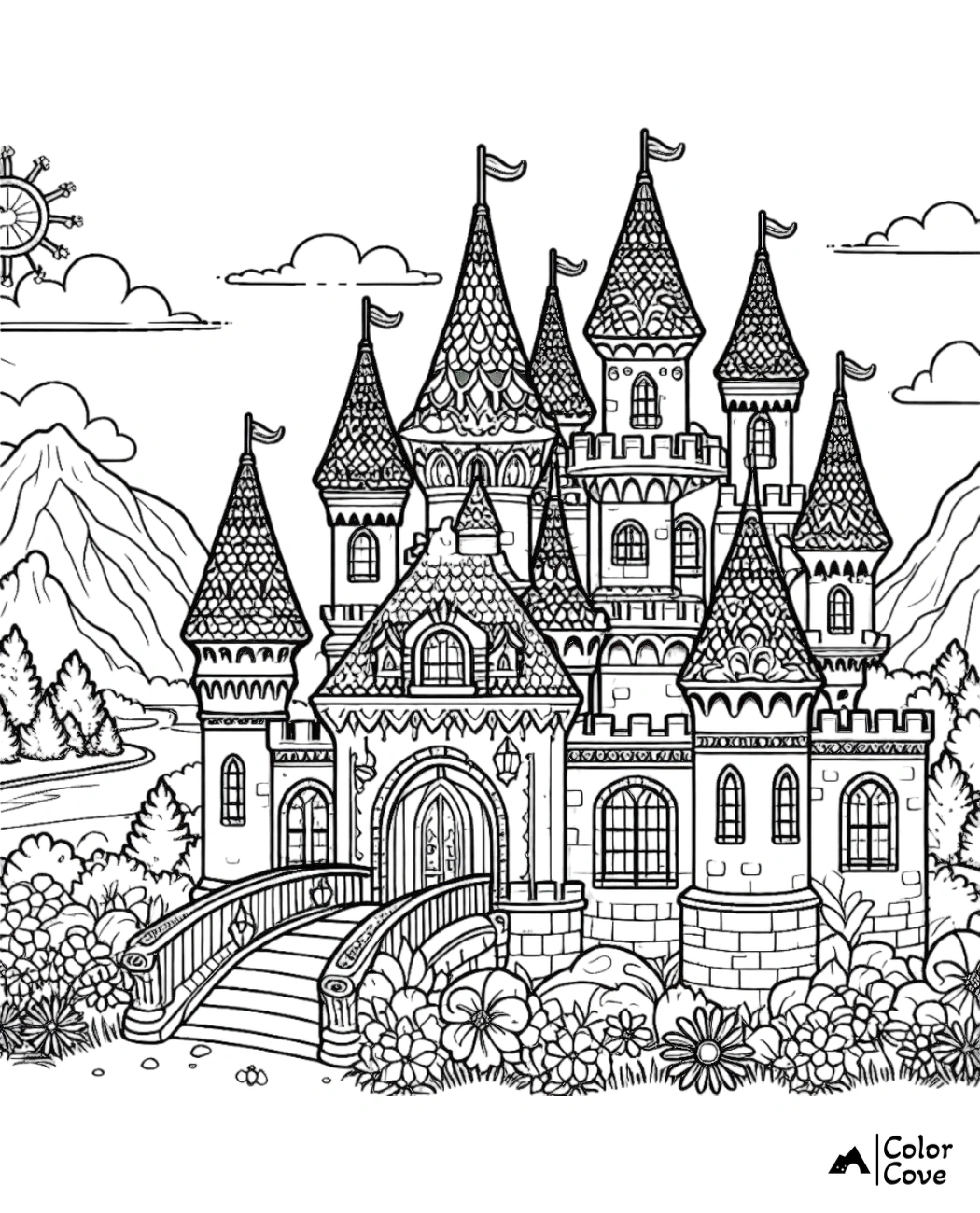 a black and white drawing of a castle