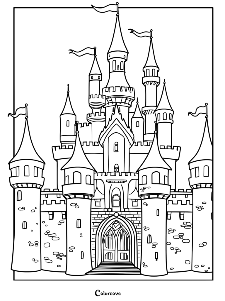A detailed princess castle coloring page featuring multiple tall turrets, pointed spires, waving flags, and a large arched stone entryway.