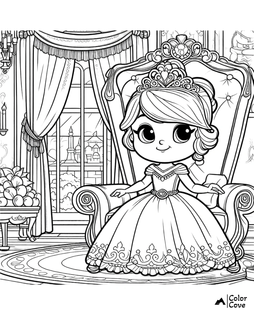 a cartoon of a princess sitting in a chair