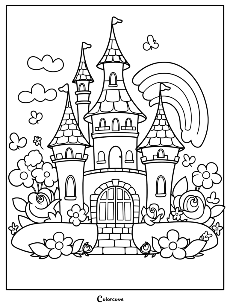 A princess castle coloring page featuring tall turrets, a stone path, blooming roses, and a rainbow in the sky.
