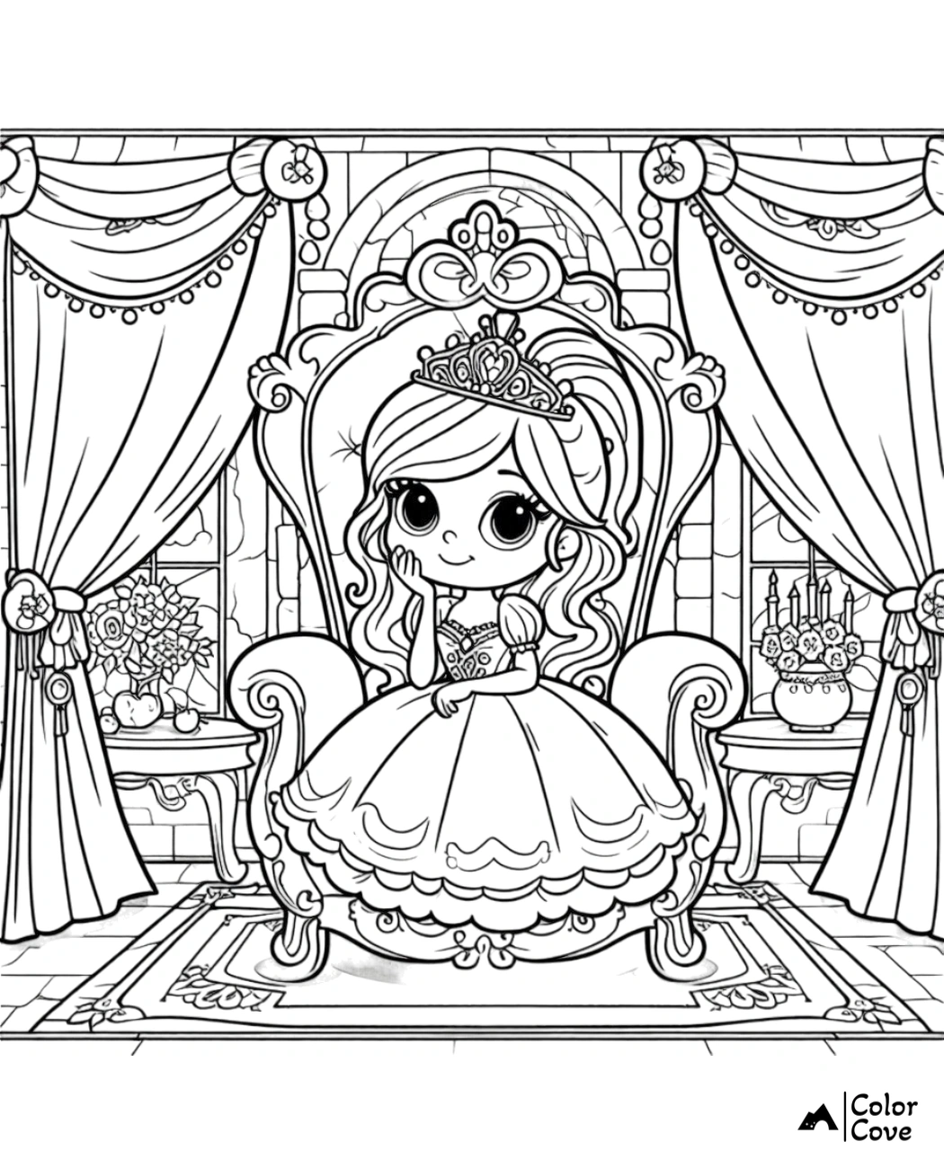 a coloring page of a cartoon princess sitting in a chair