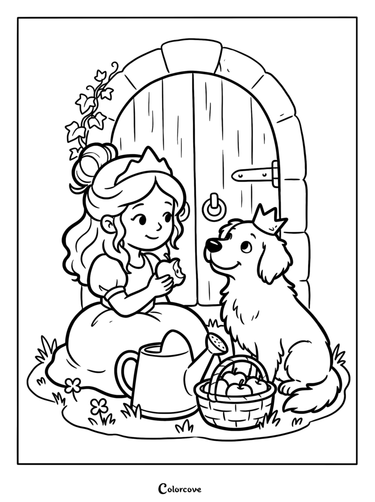 A princess sitting by a castle door eating an apple next to a puppy wearing a crown, coloring page style line art.