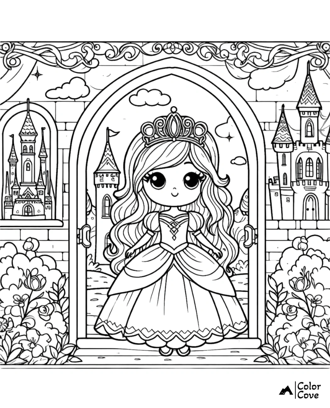 a coloring page of a cartoon princess