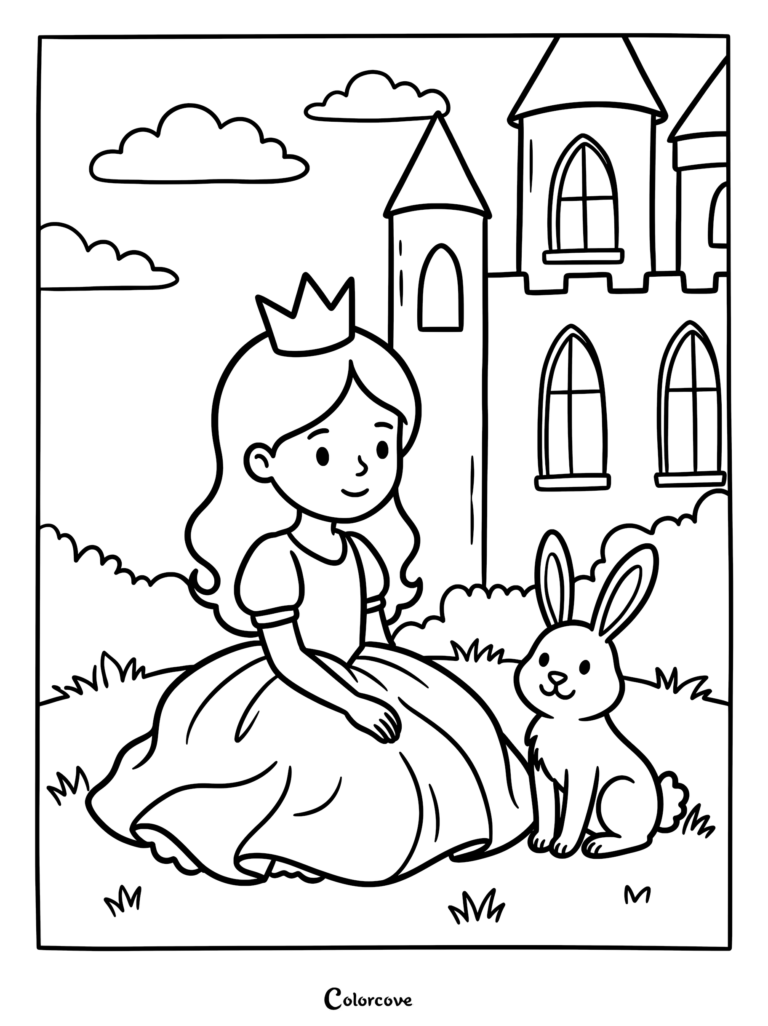 A princess wearing a crown sitting on the grass next to a cute bunny in front of a princess castle coloring page.