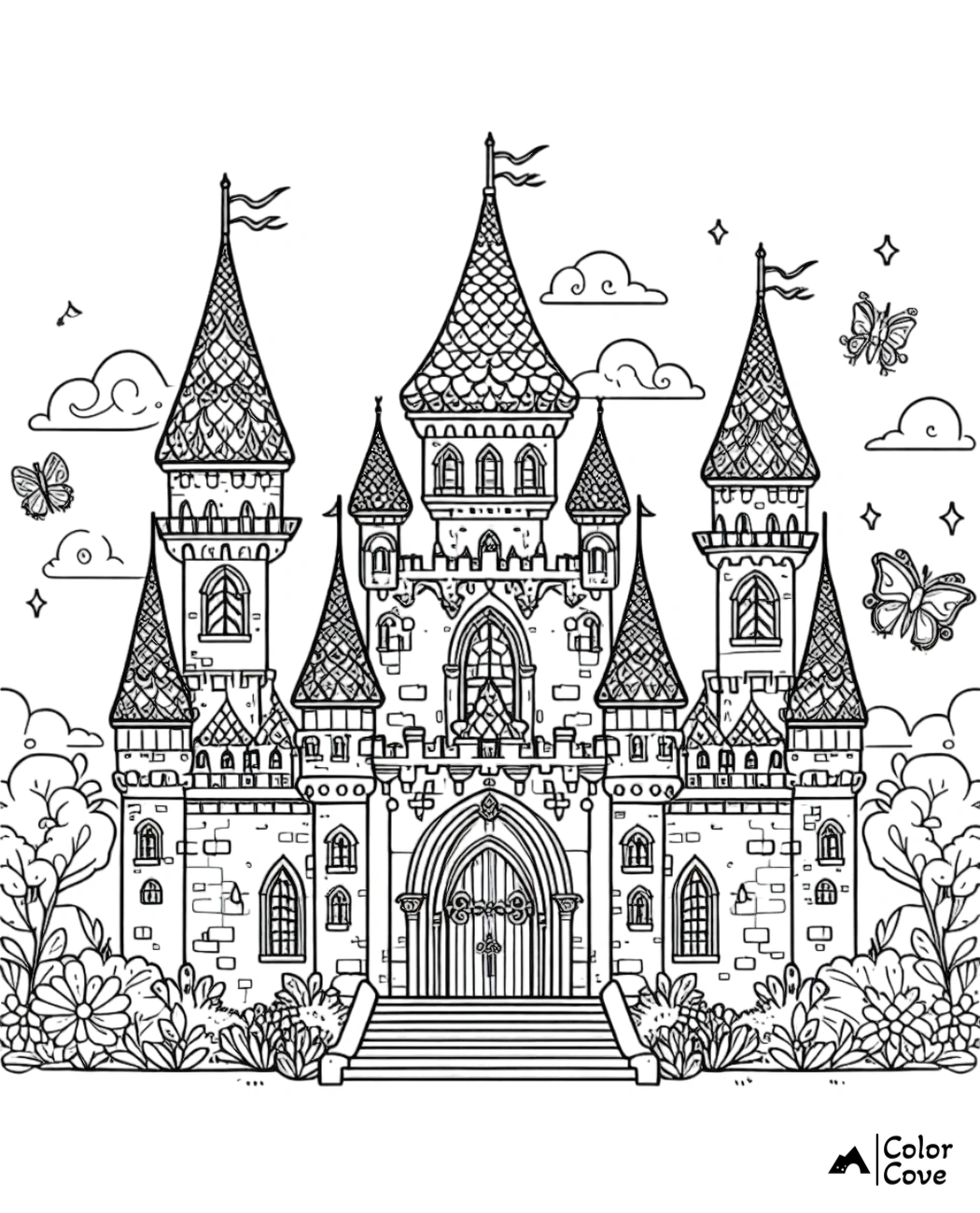 a drawing of a castle with Saint Basil's Cathedral in the background