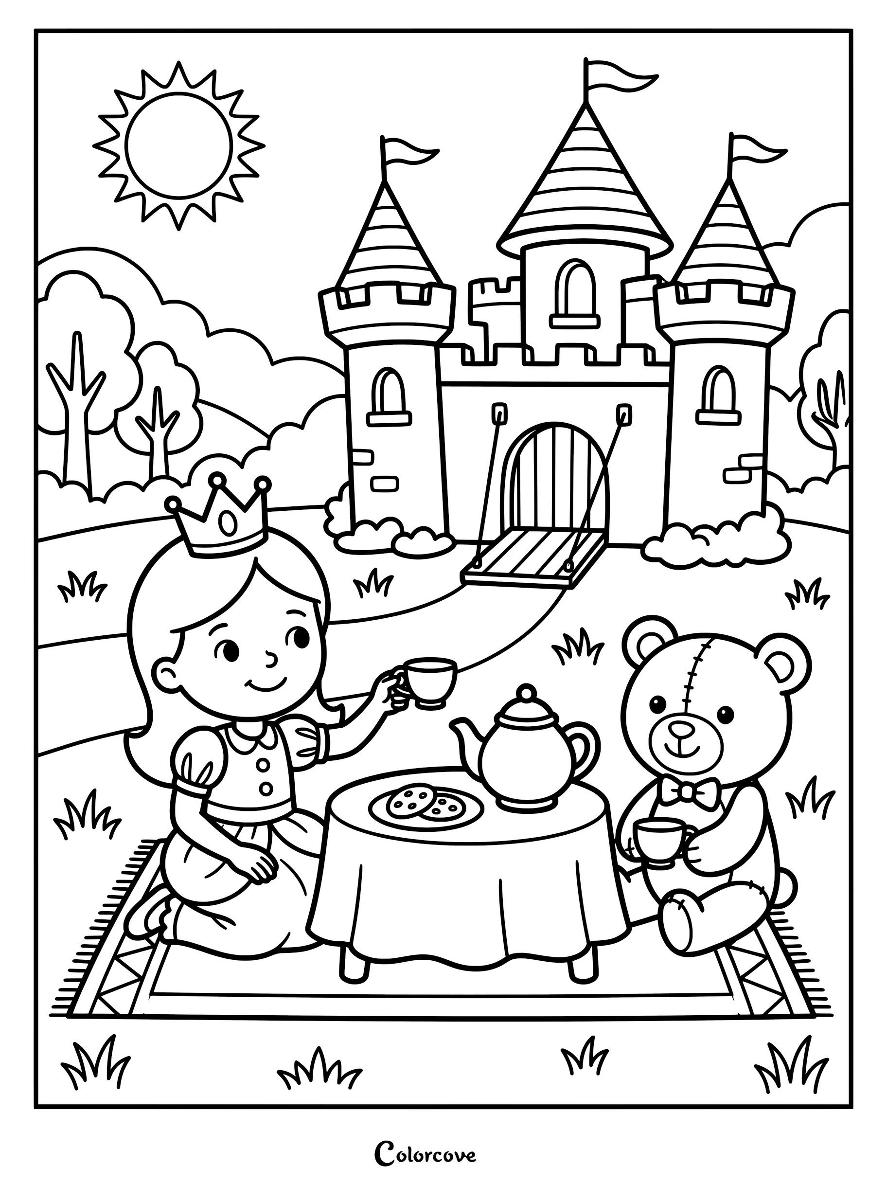 A princess and her teddy bear having a tea party on a blanket in front of a princess castle coloring page.