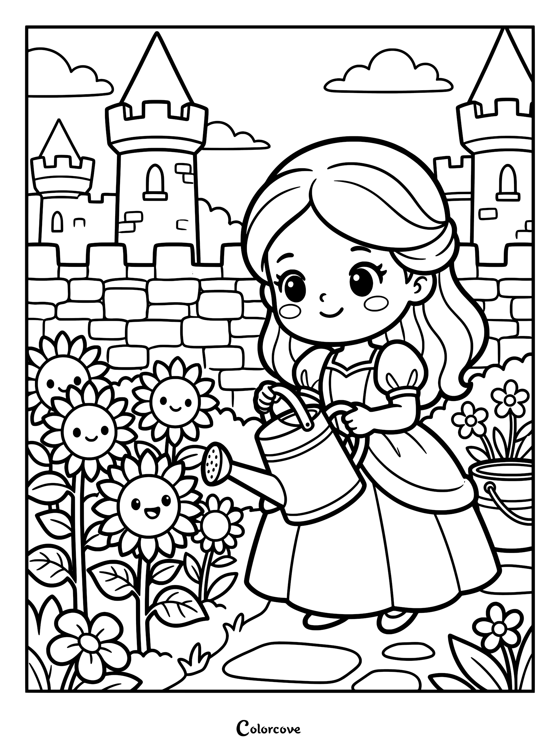 A cute princess watering smiling sunflowers in a garden outside a stone castle coloring page.