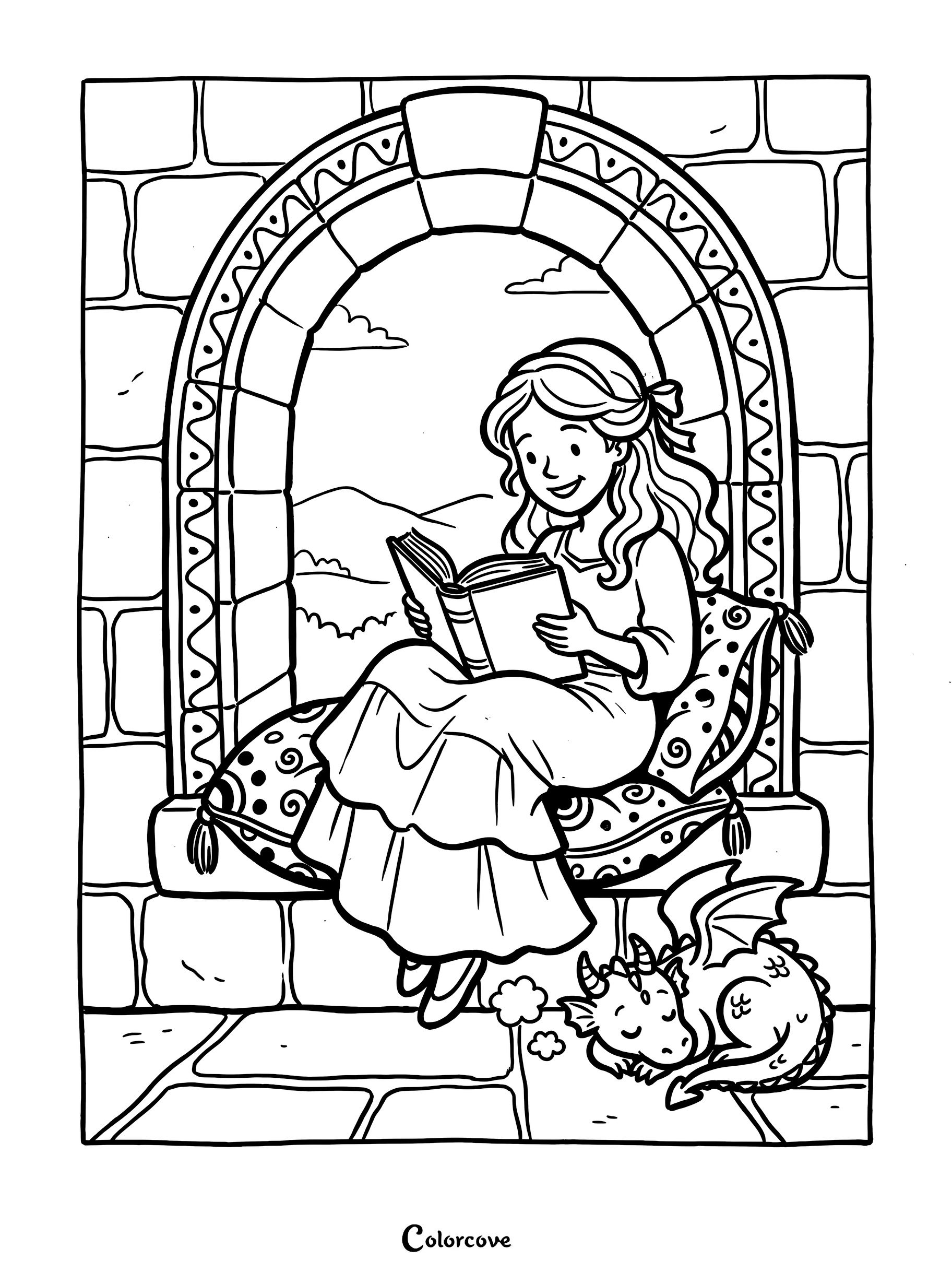 Princess sitting on a patterned cushion in a stone castle window reading a book with a small dragon sleeping at her feet, coloring page.