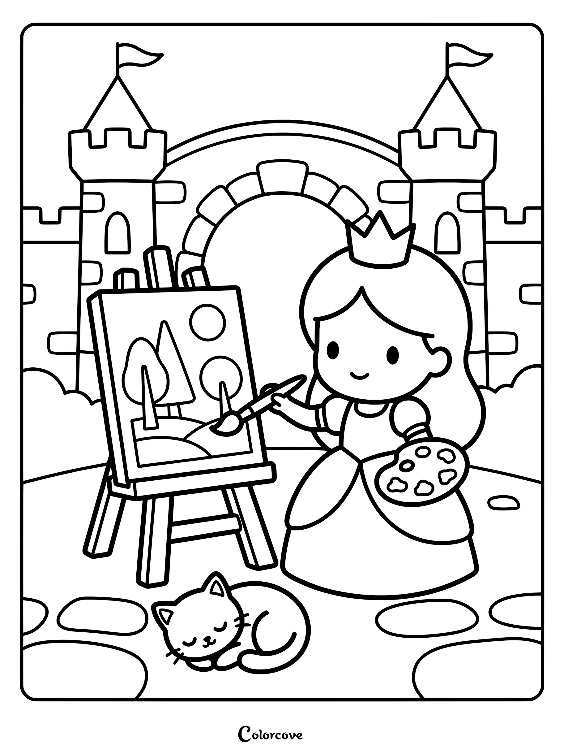 A cute princess painting a landscape on an easel in front of a castle with a sleeping cat nearby, coloring page.