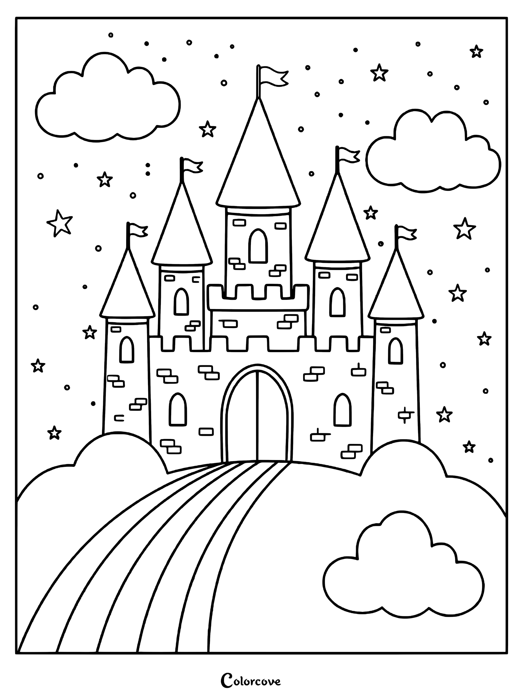 A princess castle coloring page featuring five pointed towers with flags, a stone archway entrance, and a starry night sky with fluffy clouds.