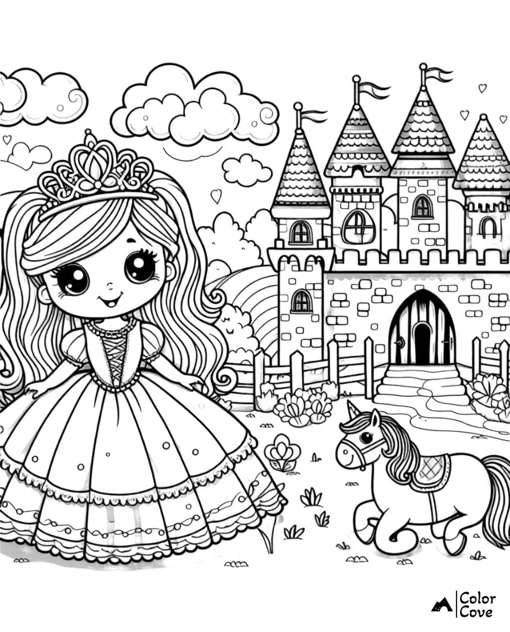 a coloring page of a cartoon princess