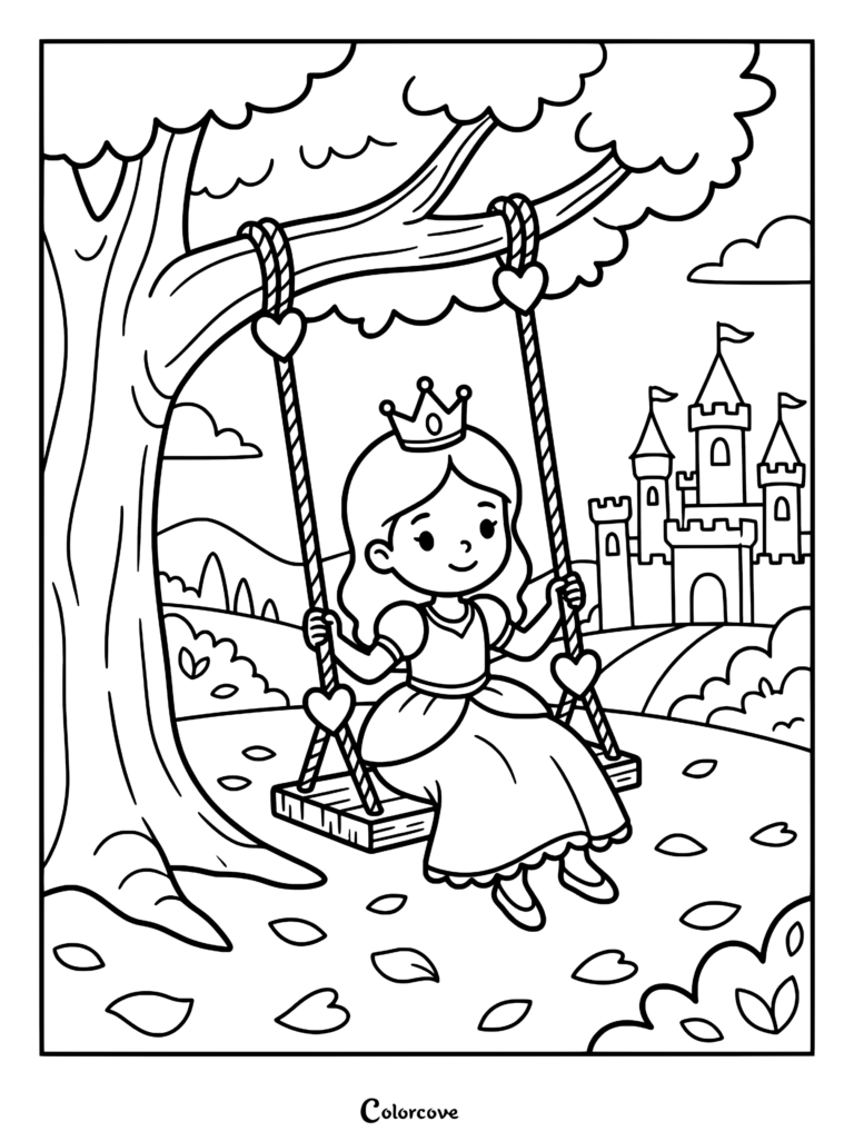 A cute princess wearing a crown sitting on a heart-shaped rope swing under a tree with a princess castle in the background, coloring page.