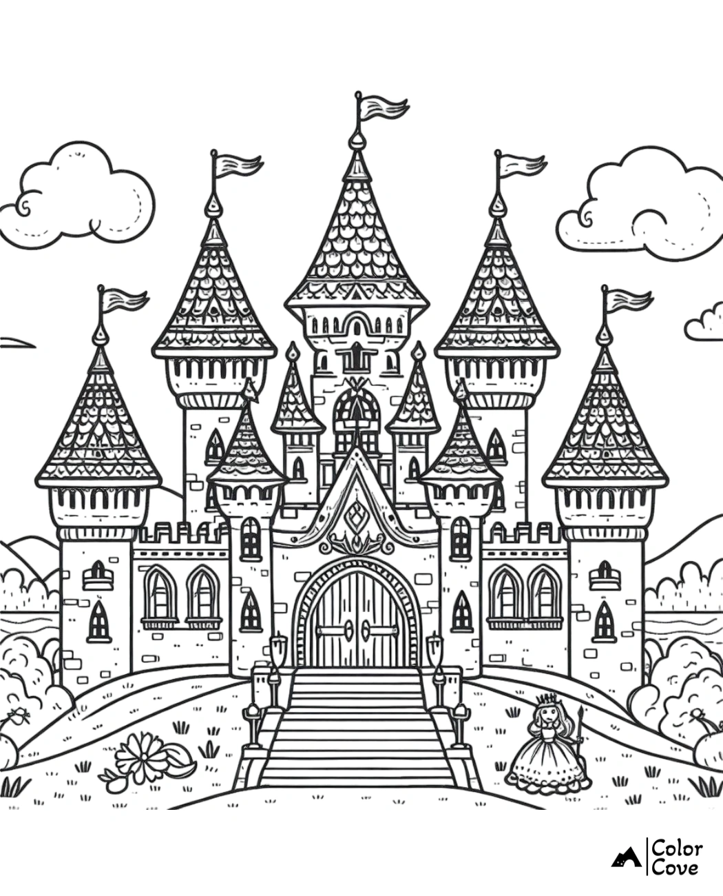 a black and white drawing of a castle