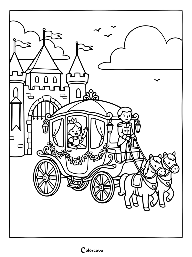 A princess waving from a flower-decorated carriage pulled by two horses in front of a princess castle coloring page.
