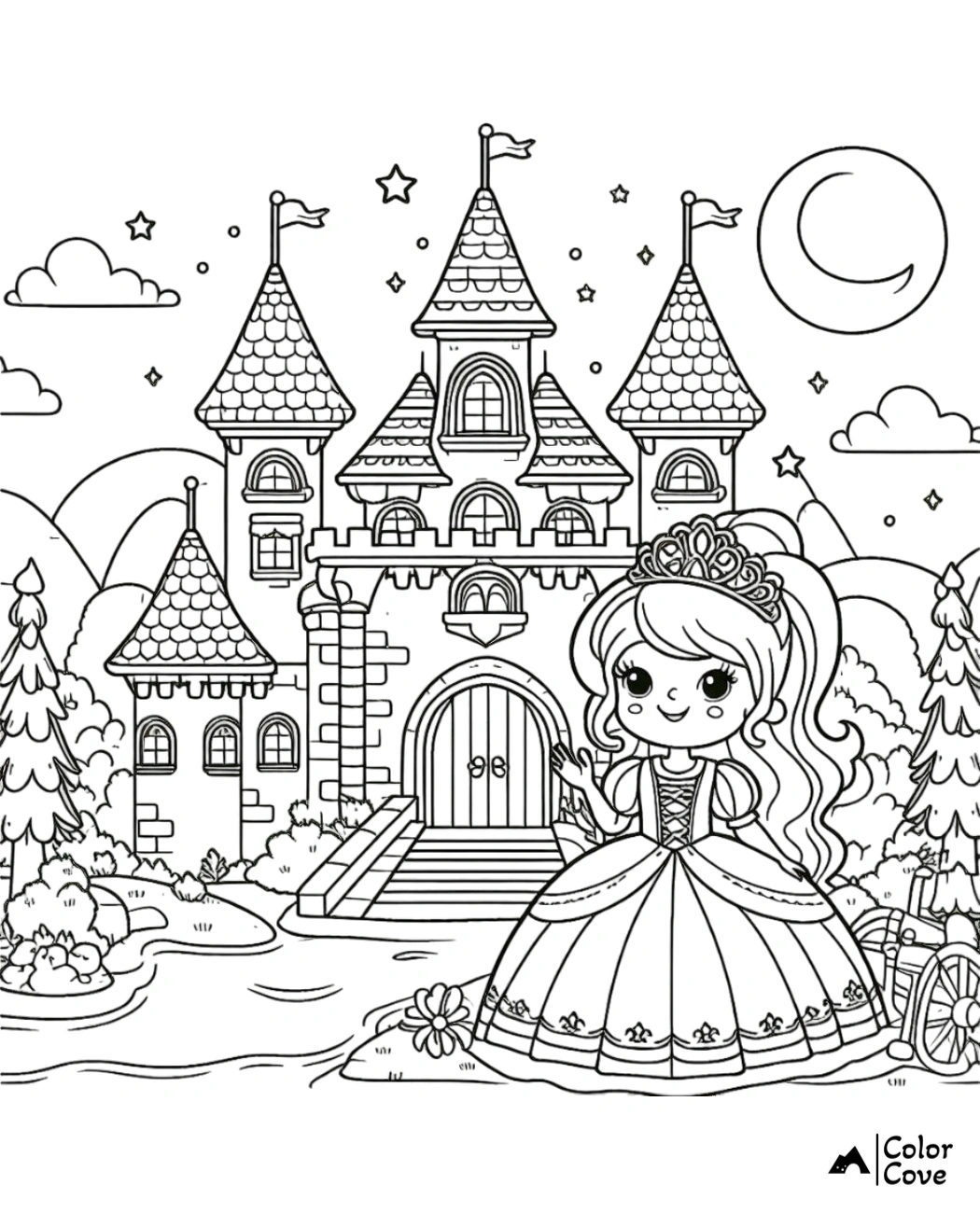 a coloring page of a cartoon girl in front of a castle