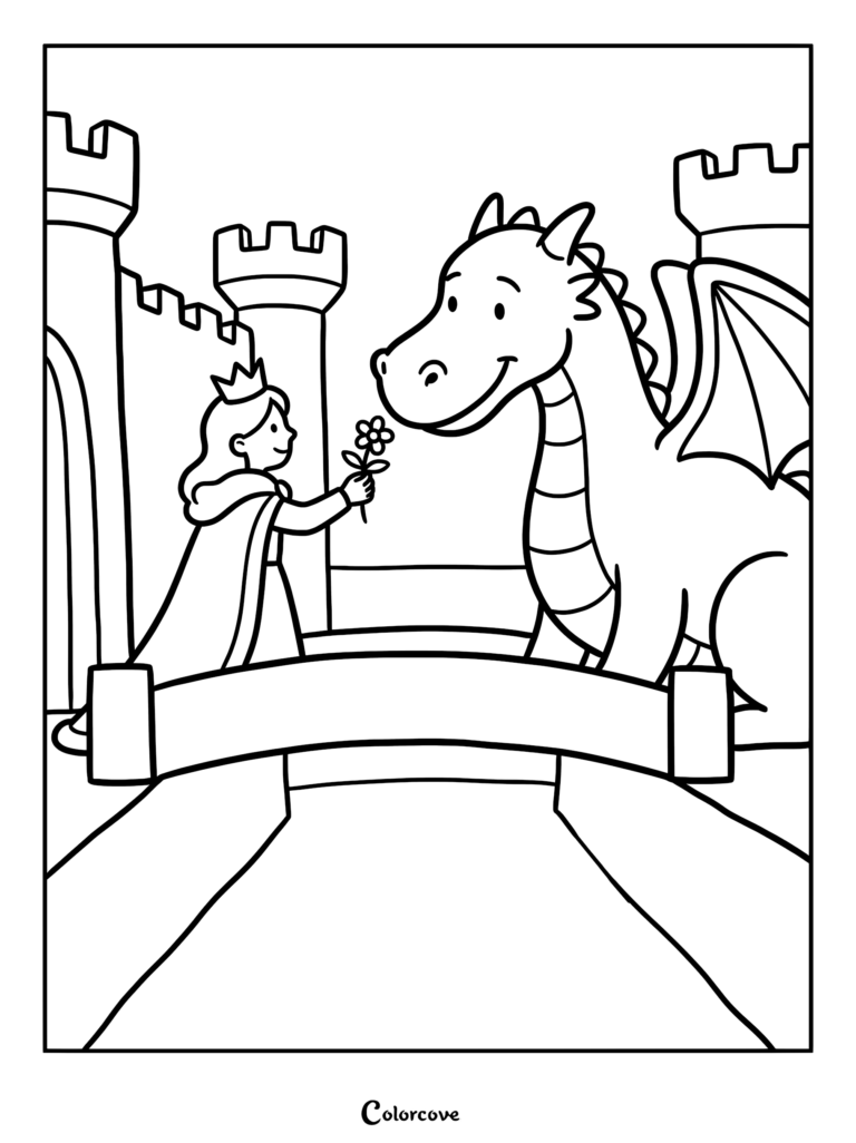 A princess wearing a crown and cape offers a flower to a friendly dragon on a stone bridge in front of a princess castle coloring page.