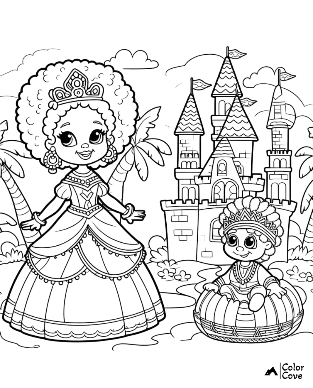 a coloring page of a cartoon princess and a doll