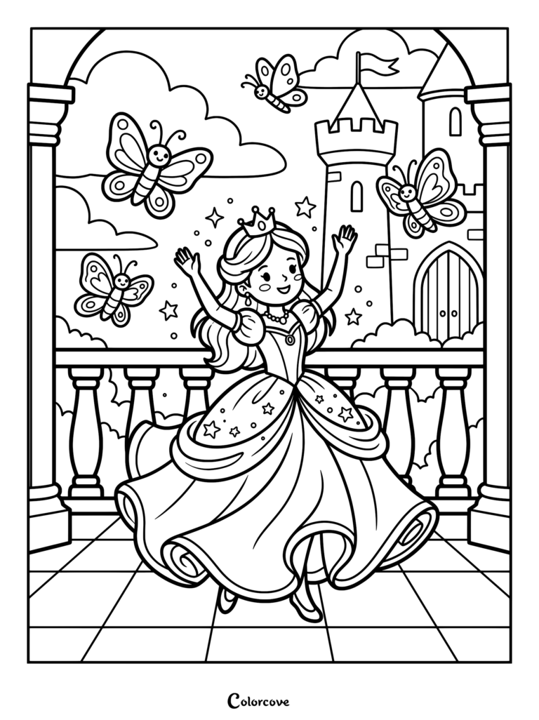 A princess in a star-patterned gown dancing on a castle balcony with smiling butterflies, a printable coloring page.