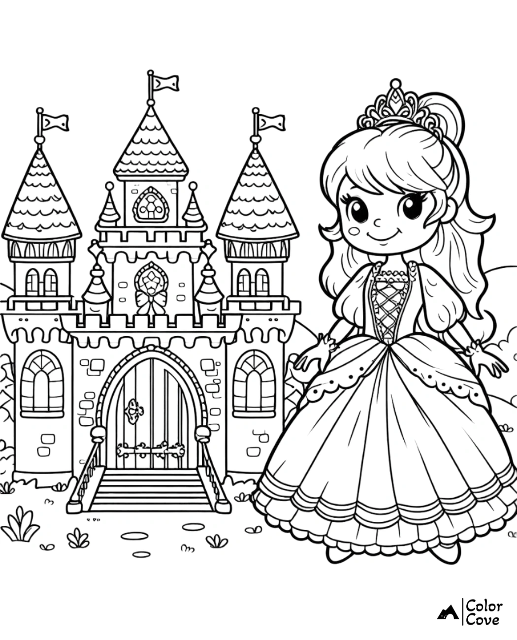 a cartoon of a princess in front of a castle