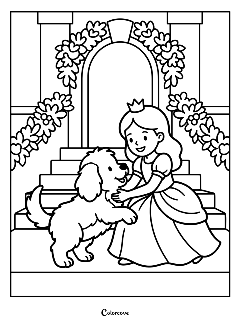 A princess wearing a crown and gown petting a fluffy puppy on the steps of a floral decorated princess castle coloring page.