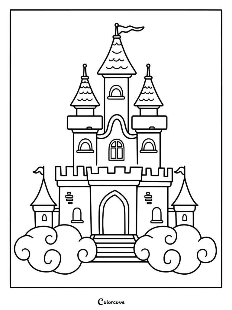 A simple princess castle coloring page featuring five towers and arched windows resting on fluffy clouds.