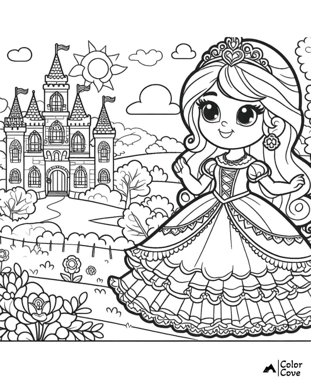 a coloring page of a cartoon girl