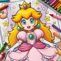 Princess coloring page with crayons and colored pencils, featuring a joyful princess with a crown and pink dress.