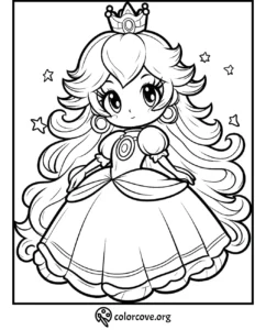 Princess coloring page featuring a cute character with long hair, a crown, and a dress. Perfect for kids' activities.