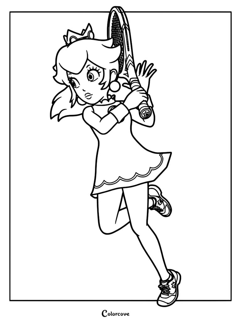 Princess Peach wearing a tennis outfit and holding a racket in this printable coloring page.