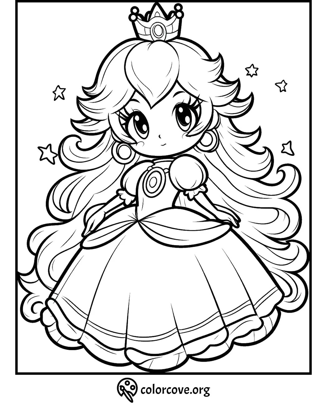 Princess coloring page featuring a cute character with long hair, a crown, and a dress. Perfect for kids' activities.